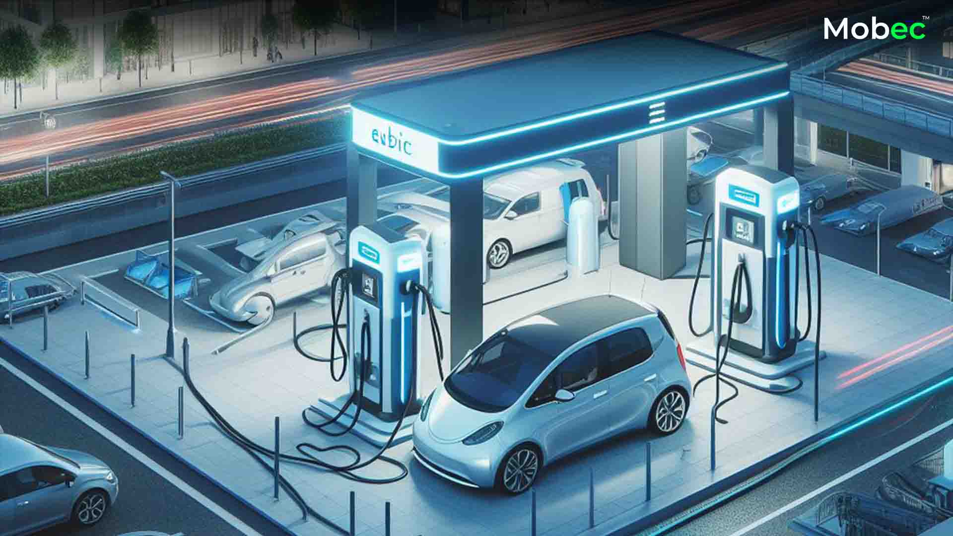 A cityscape with electric vehicles navigating the streets, surrounded by modern charging stations, symbolizing the need for comprehensive public charging infrastructure for electric vehicle.