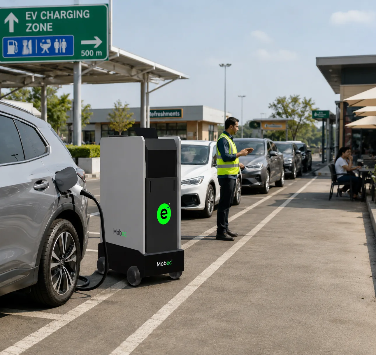 Portable 30kW DC fast EV charger by Mobec for public charging stations